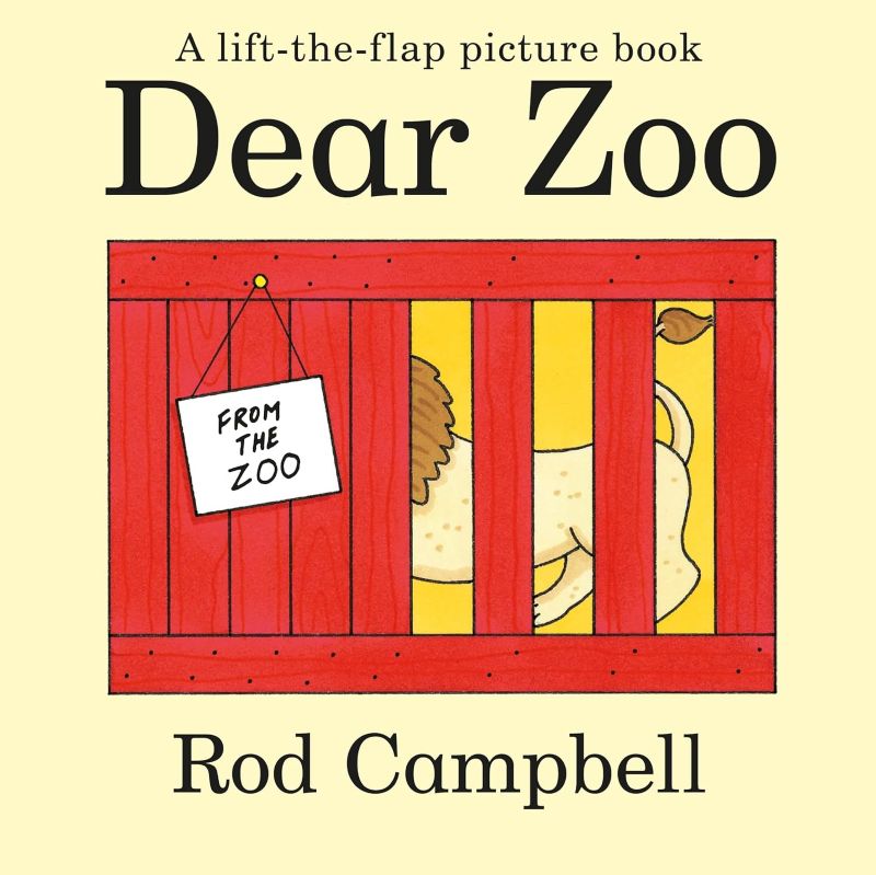 Book cover of 'Dear Zoo' by Rod Campbell with a red fence and lion illustration.