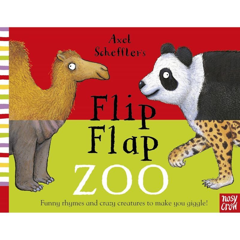 Book cover of 'Flip Flap Zoo' with a camel and panda on a red and green background.