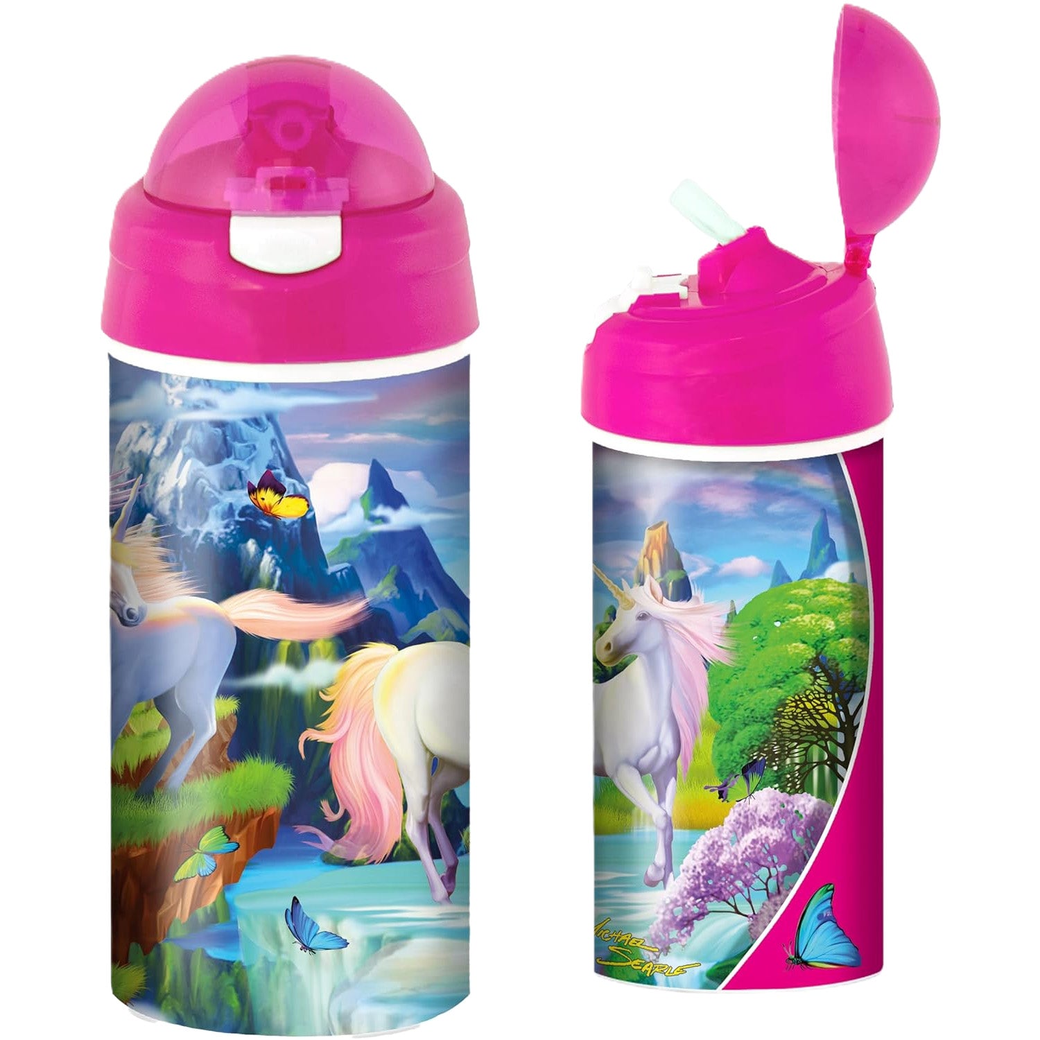 Childrens drinking bottle with unicorn designs on a white background
