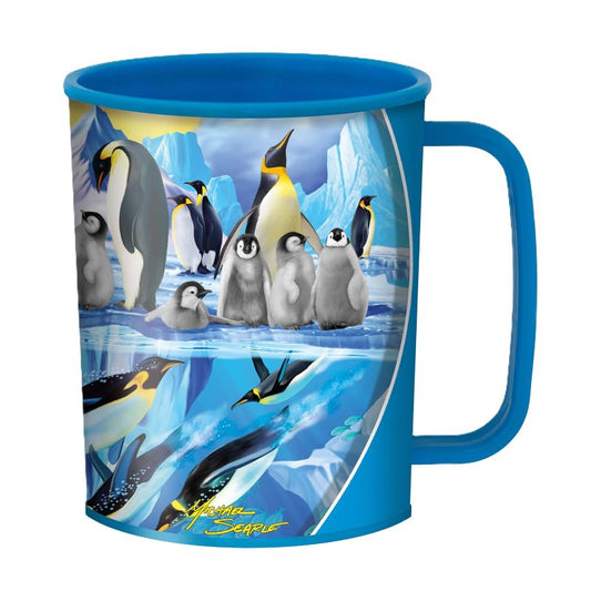 Blue mug with penguin design on a white background