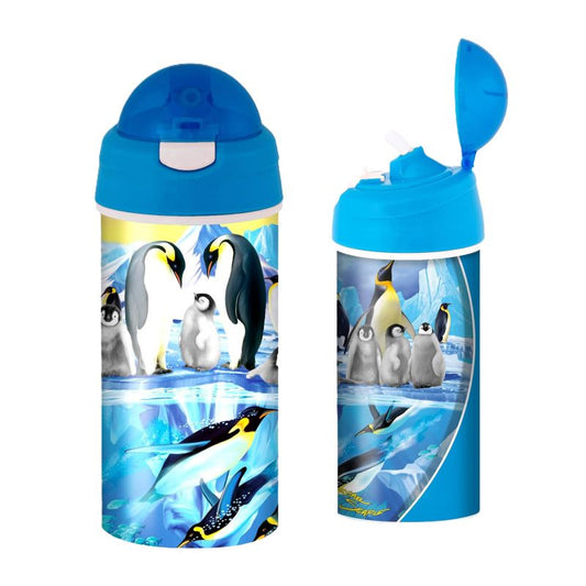 water bottle with penguin design on a white background