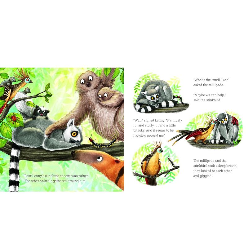 A children's book or illustrated print showing a colorful cartoon scene with lemurs, a sloth, a millipede, and a bird, accompanied by printed text on the right side.