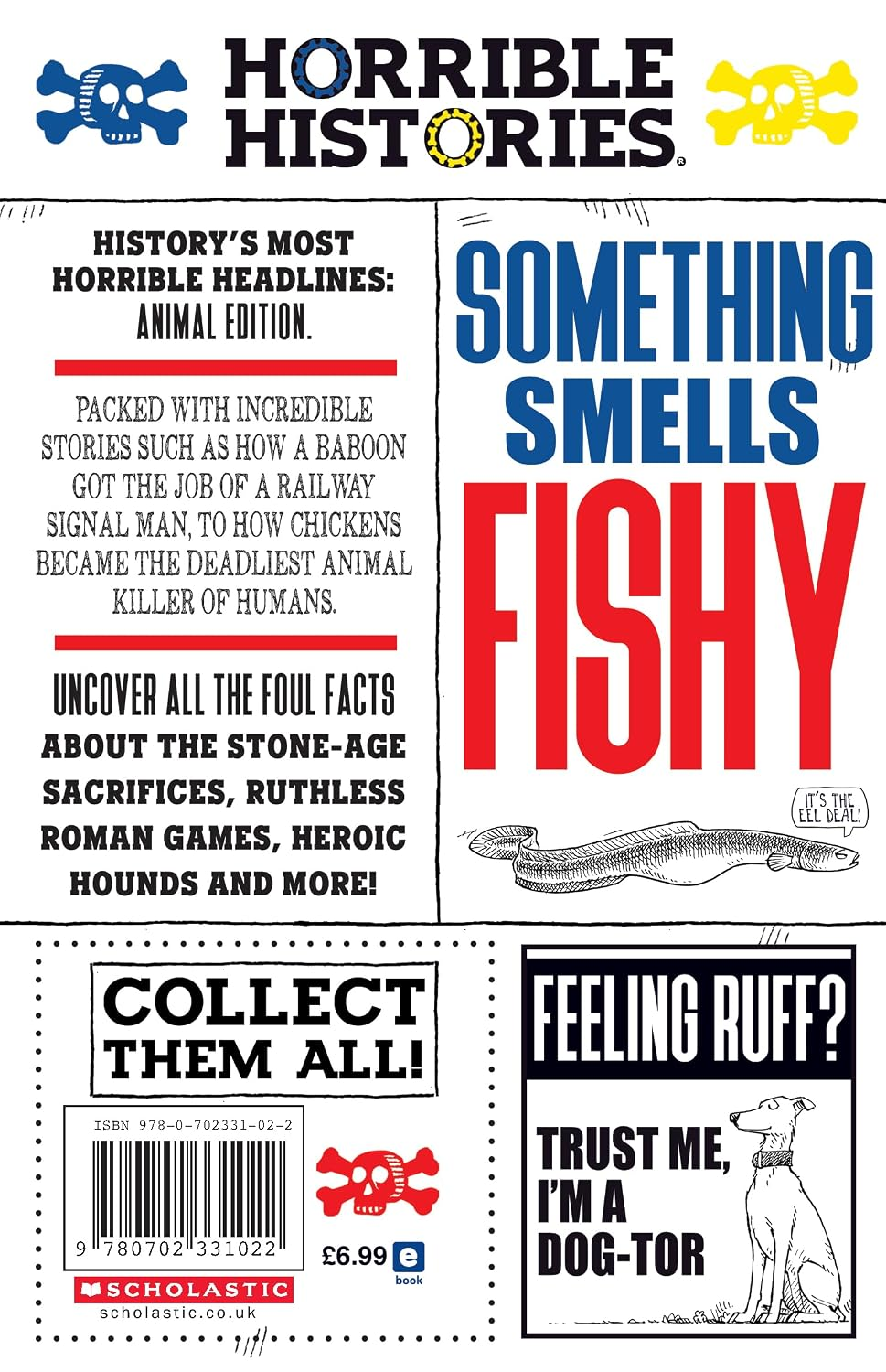 Back cover of the 'Horrible Histories: Something Smells Fishy' book, featuring a vintage newspaper-style layout with bold text, skull illustrations, a barcode, and Scholastic branding.