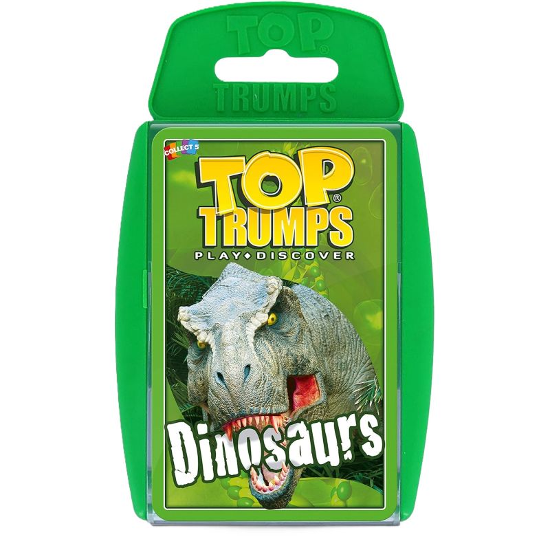 Packaging for Top Trumps Classics card game featuring a dinosaur image on the front with the name 'Dinosaurs' displayed.