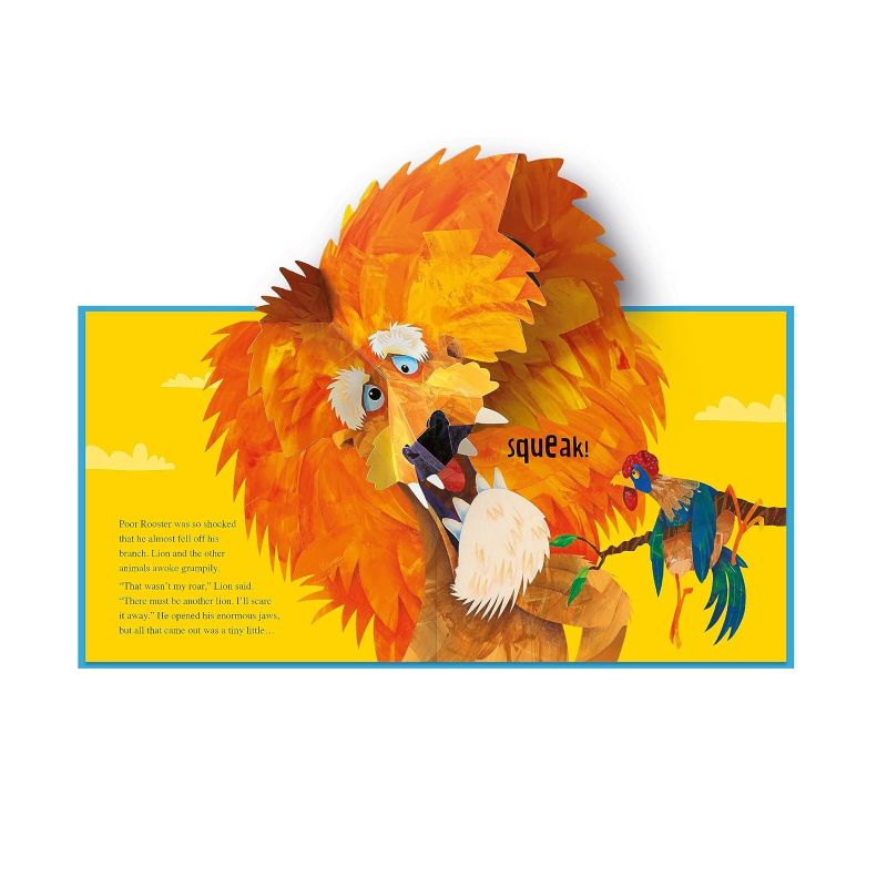 A 3D pop-up book illustration featuring a lion with a bright orange mane and a parrot on a branch, set against a yellow interior page with blue border lines.