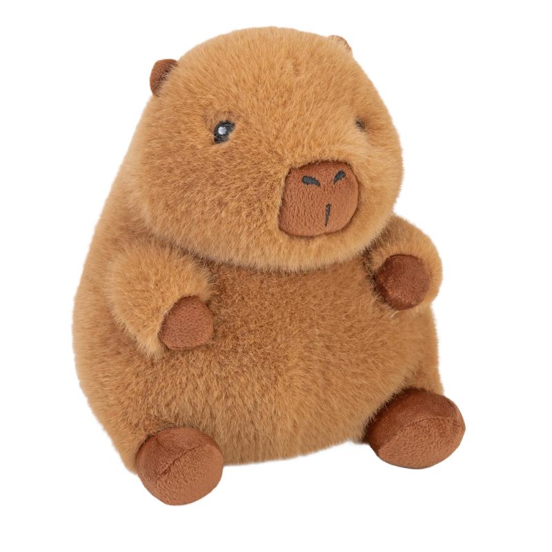 A plush capybara toy in a warm medium brown color, featuring embroidered black eyes, a darker brown nose and mouth, and small dark brown paw pads and feet, set against a plain white background.