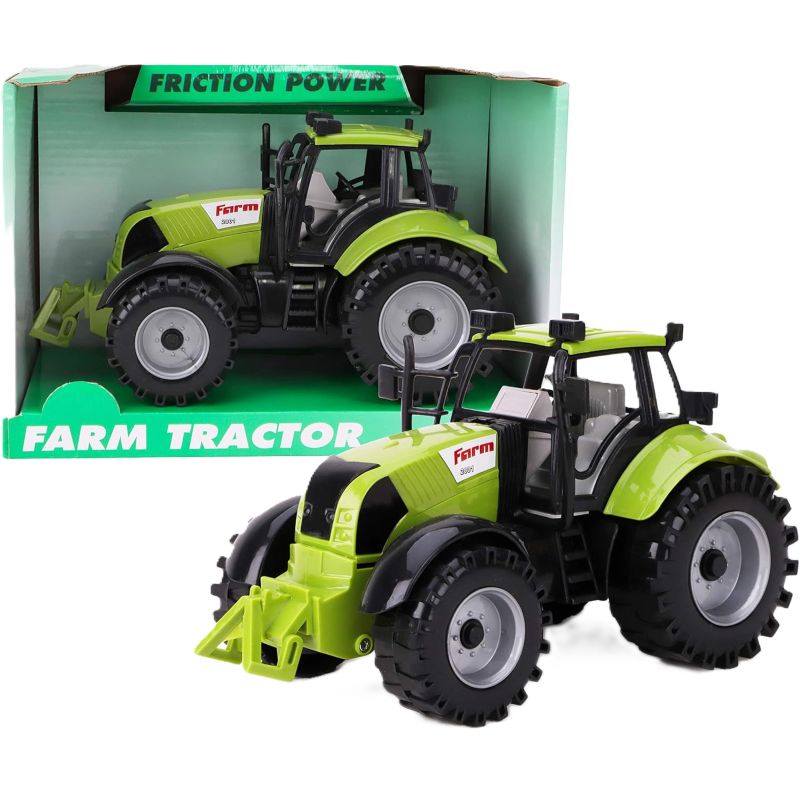 Toy farm tractor with packaging labeled 'Friction Power Farm Tractor' on a white background.