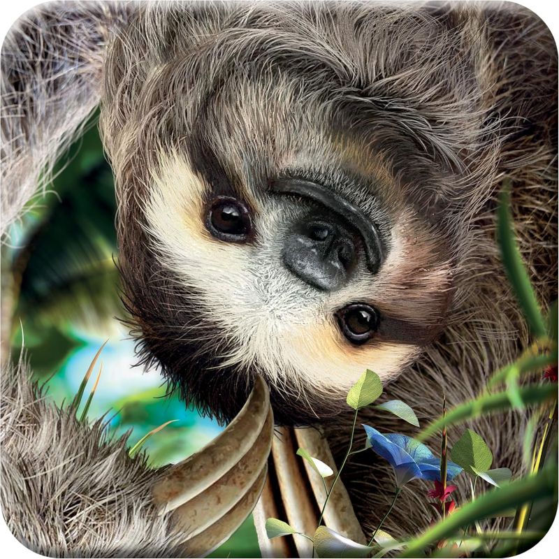 A 3D cork coaster featuring a detailed image of a sloth surrounded by foliage.