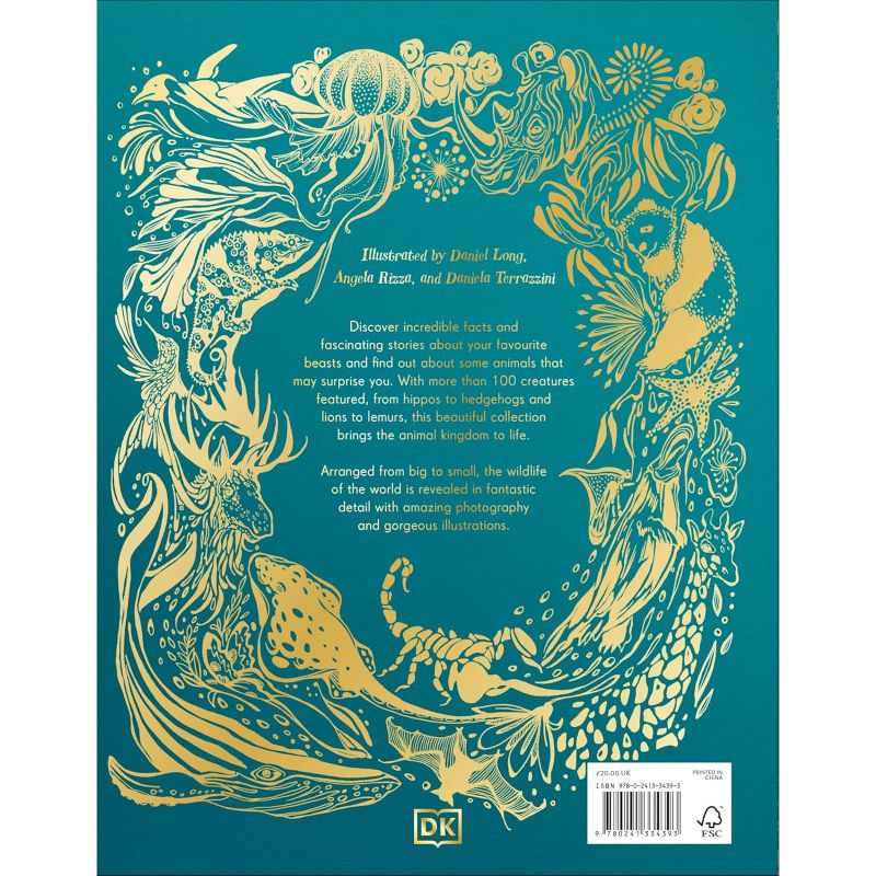 The back cover of a children's book featuring a teal background with intricate gold and white sea creature illustrations, including a whale, fish, crab, and sea turtle. The DK logo is visible at the bottom left, and a barcode with a recycling symbol is at the bottom right.
