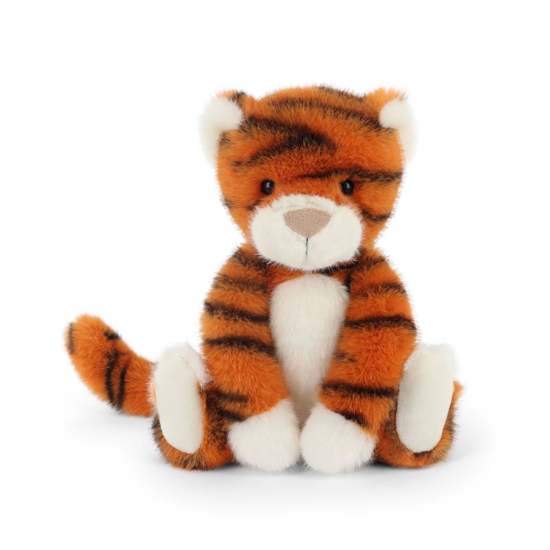 A plush stuffed tiger toy sitting upright on a clean white background. The toy has orange fur with black stripes, a white muzzle, white inner ears, and white paws and feet.