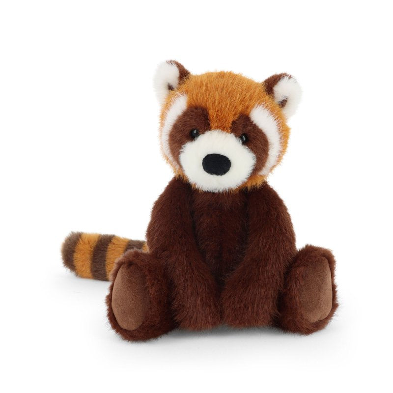 A plush red panda toy sitting upright against a clean white background. The stuffed animal has reddish-brown fur, a white face and inner ears, dark brown arms and legs, and a striped tail in brown and tan.