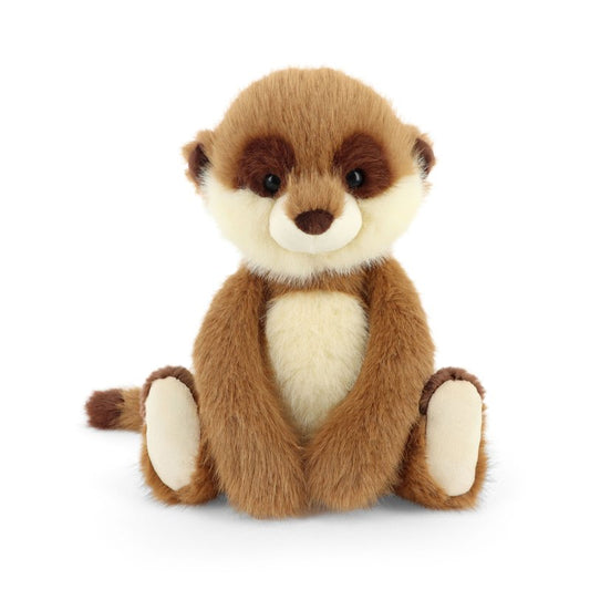 A plush toy of a brown and cream-colored meerkat sitting upright against a plain white background.