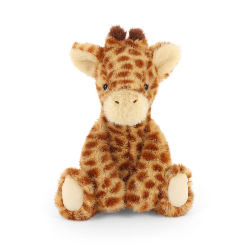 A plush stuffed giraffe toy sitting upright against a plain white background. The toy has a soft brown and tan spotted pattern with cream-colored feet, muzzle, and inner ears.