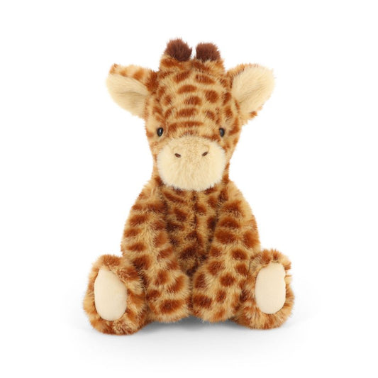 A plush stuffed giraffe toy sitting upright against a plain white background. The toy has a soft brown and tan spotted pattern with cream-colored feet, muzzle, and inner ears.