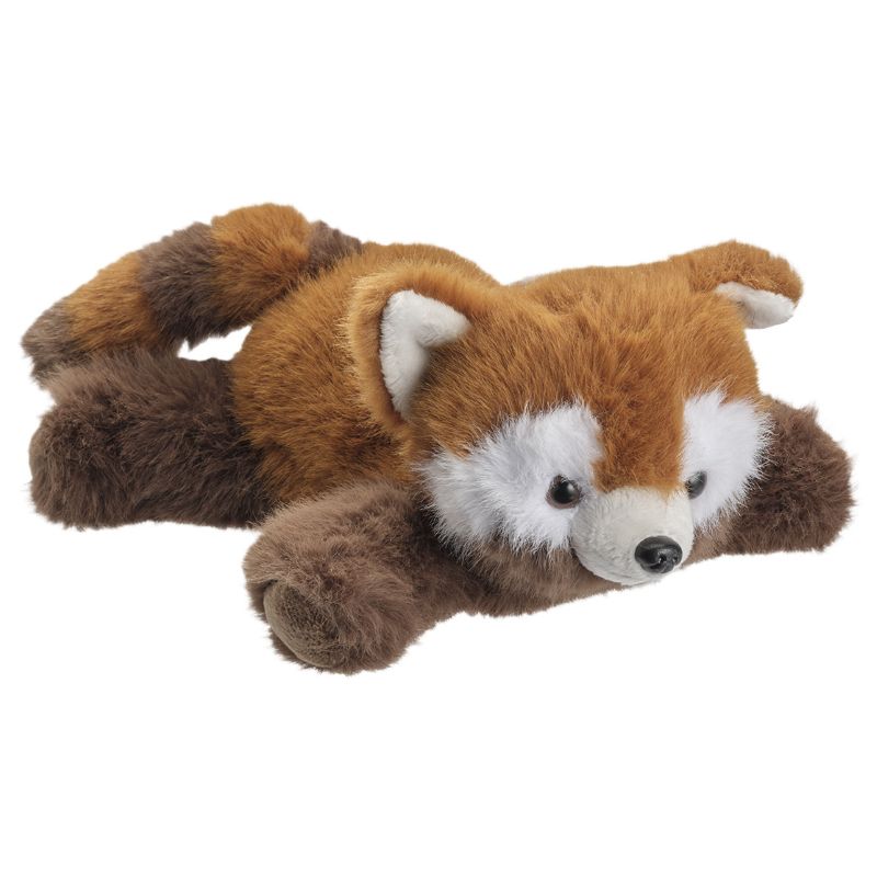 Plush toy red panda lying on a white background