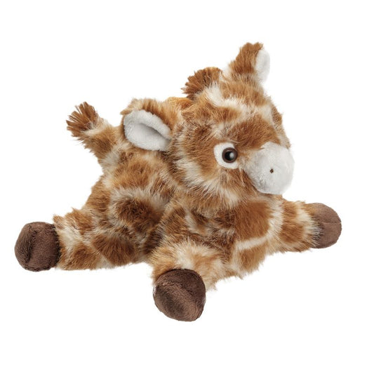 Plush giraffe toy with brown and white pattern on a white background