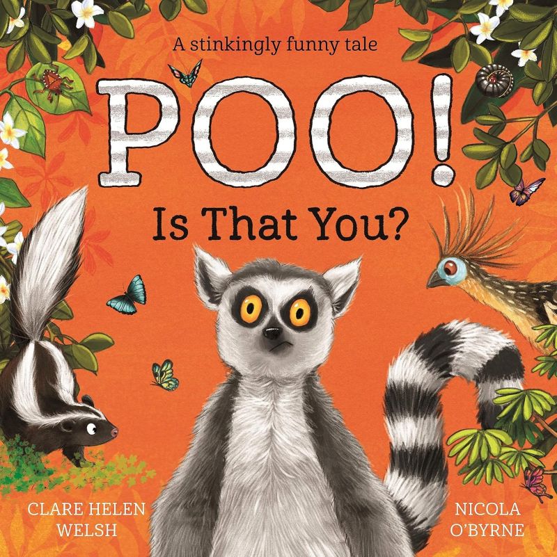 Book cover of 'Poo! Is That You?' with a lemur and other animals on an orange background