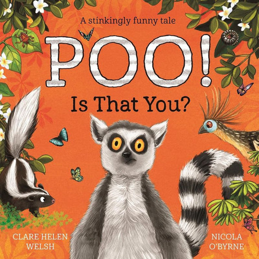 Book cover of 'Poo! Is That You?' with a lemur and other animals on an orange background