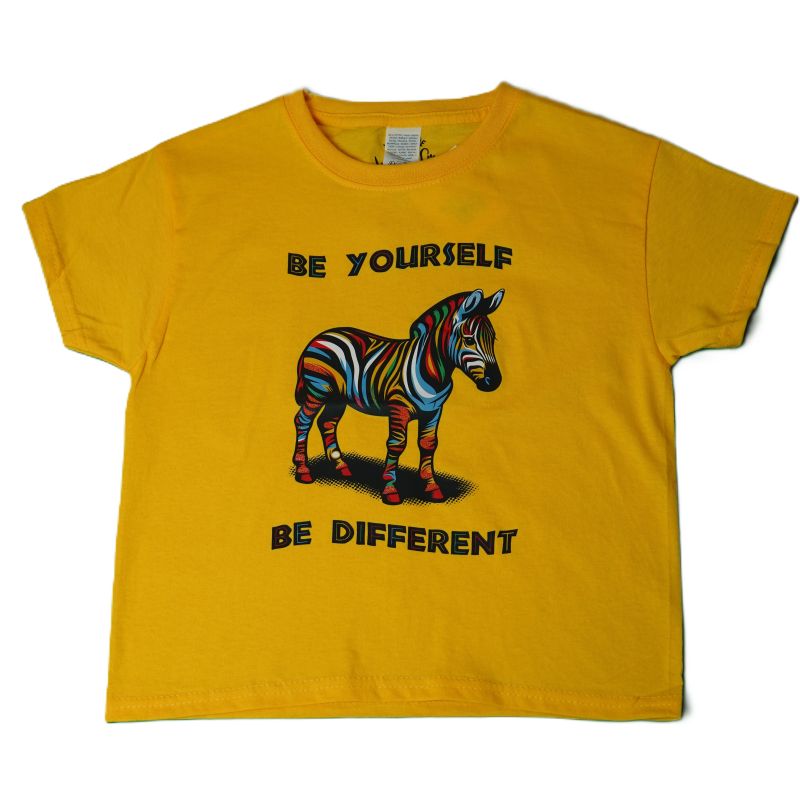 Yellow t-shirt with a colorful zebra graphic and text on a white background