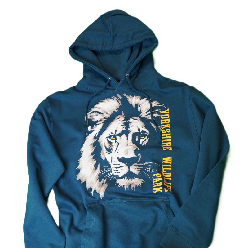 yorkshire wildlife park adult lion hoodie in ink blue with a white lion face and yellow writing