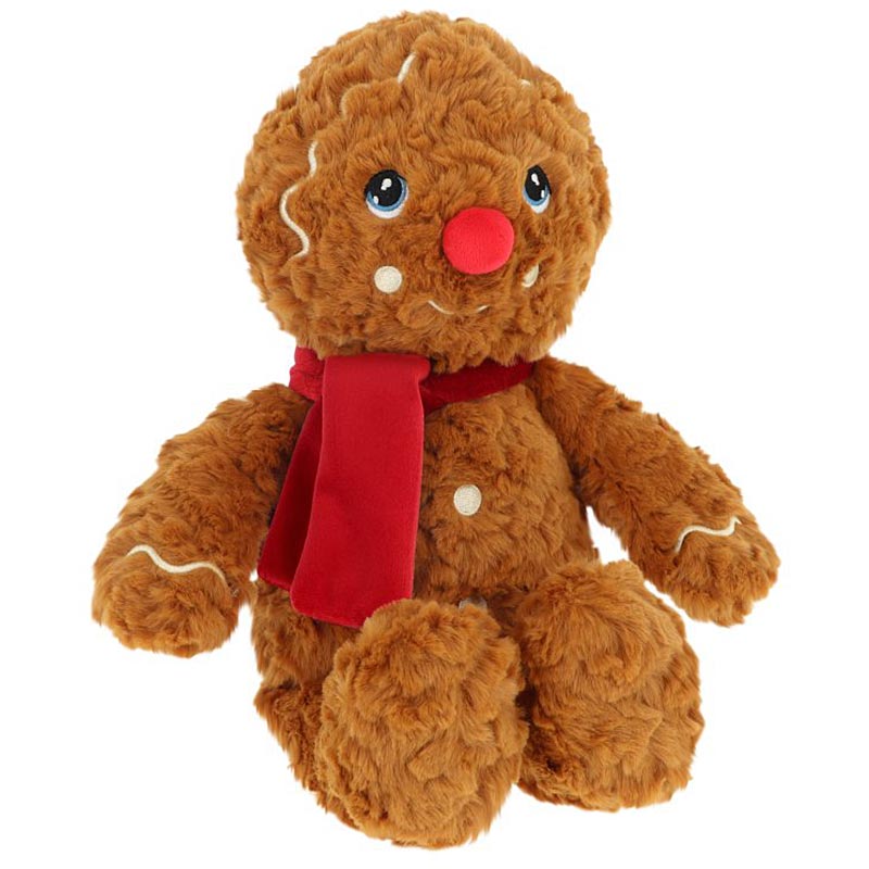 Plush gingerbread man toy with a red scarf on a white background