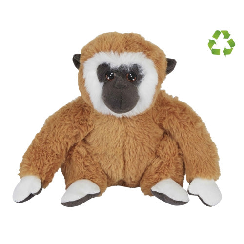 Plush gibbon monkey toy with a recycling symbol on a white background