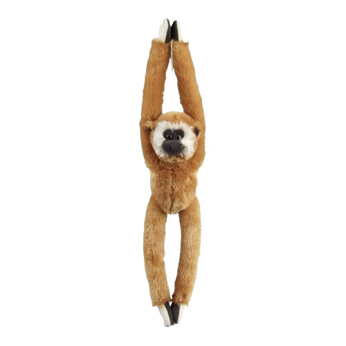 Plush toy gibbon hanging on a white background