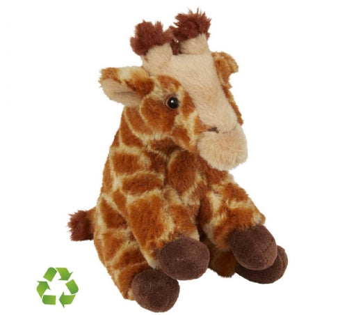 Plush giraffe toy with a recycling symbol on a white background