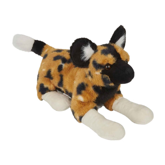 Plush toy resembling an African hunting dog on a white background
