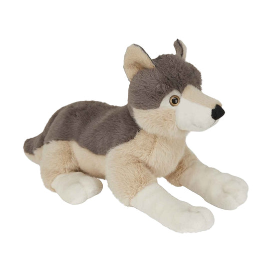 Plush toy wolf lying down on a white background