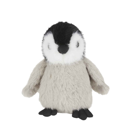 A plush toy penguin chick with fluffy black and white head feathers, a light gray body, and black feet, photographed against a plain white background.