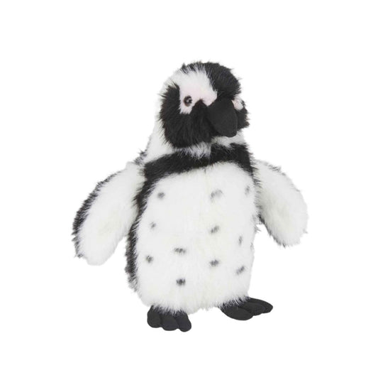 A plush penguin toy with black and white fur and spotty chest and belly, standing upright against a plain white background.