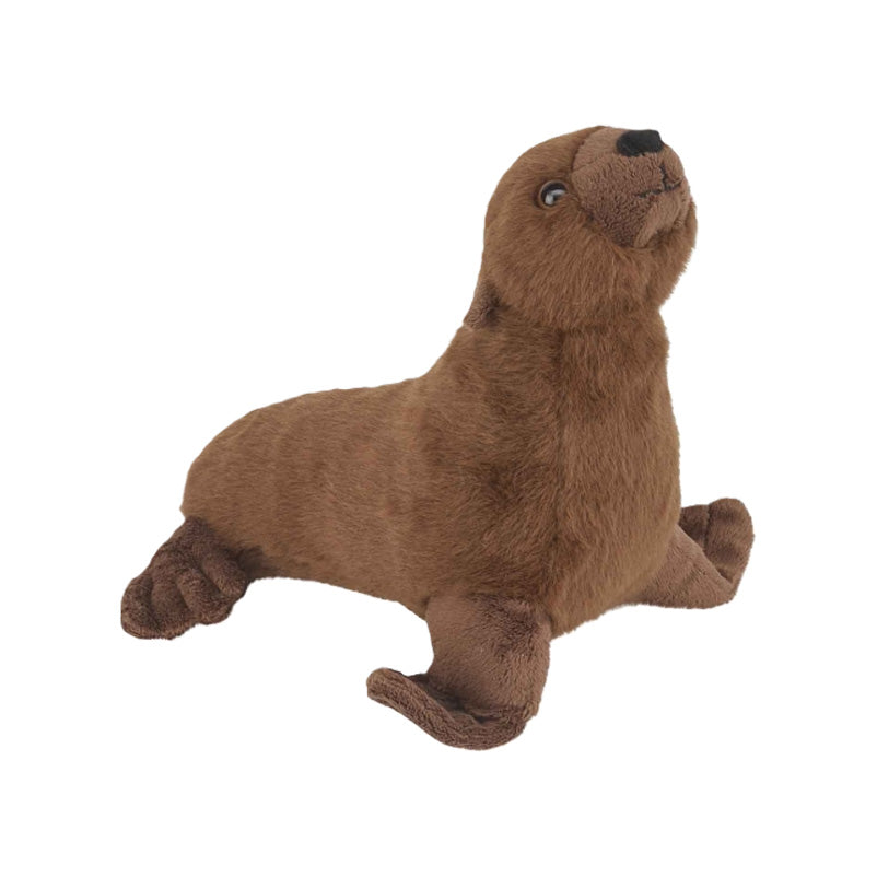 A brown plush sea lion toy with a soft, fuzzy texture, black nose, and small brown eyes, posed on a plain white background.