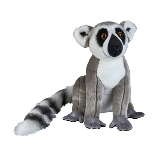 Plush toy lemur on a white background