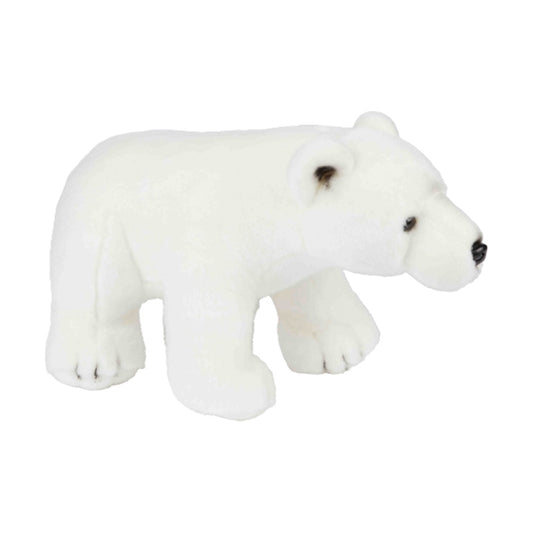 White stuffed polar bear toy on a white background