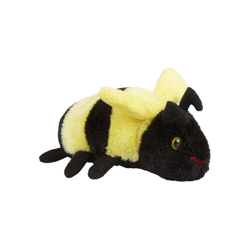 Plush bee toy with black and yellow stripes on a white background