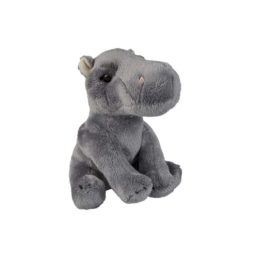 Gray plush hippo toy on a white background