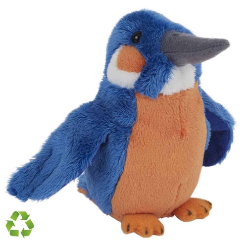 Plush toy kingfisher with blue and orange colours on a white background