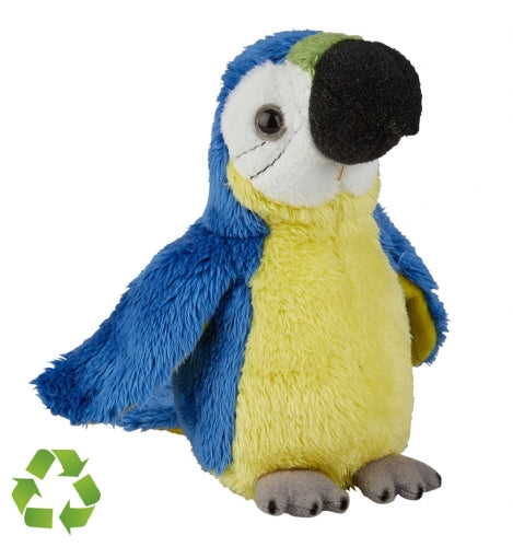 Plush parrot toy with blue and yellow feathers on a white background