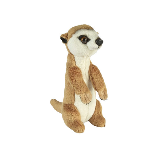 meerkat small soft toy 15cm with beige and white plush and black paws on a white background