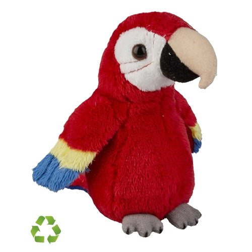 Red plush parrot toy on a white background