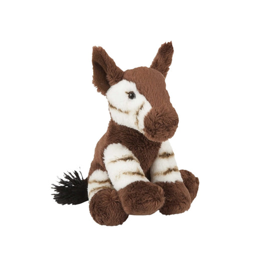 okapi small soft toy 15cm with brown and white plush and brown hooves on a white background