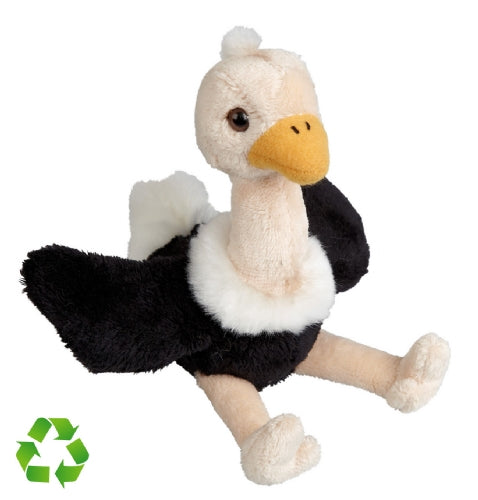 Plush toy ostrich with a recycling symbol on a white background