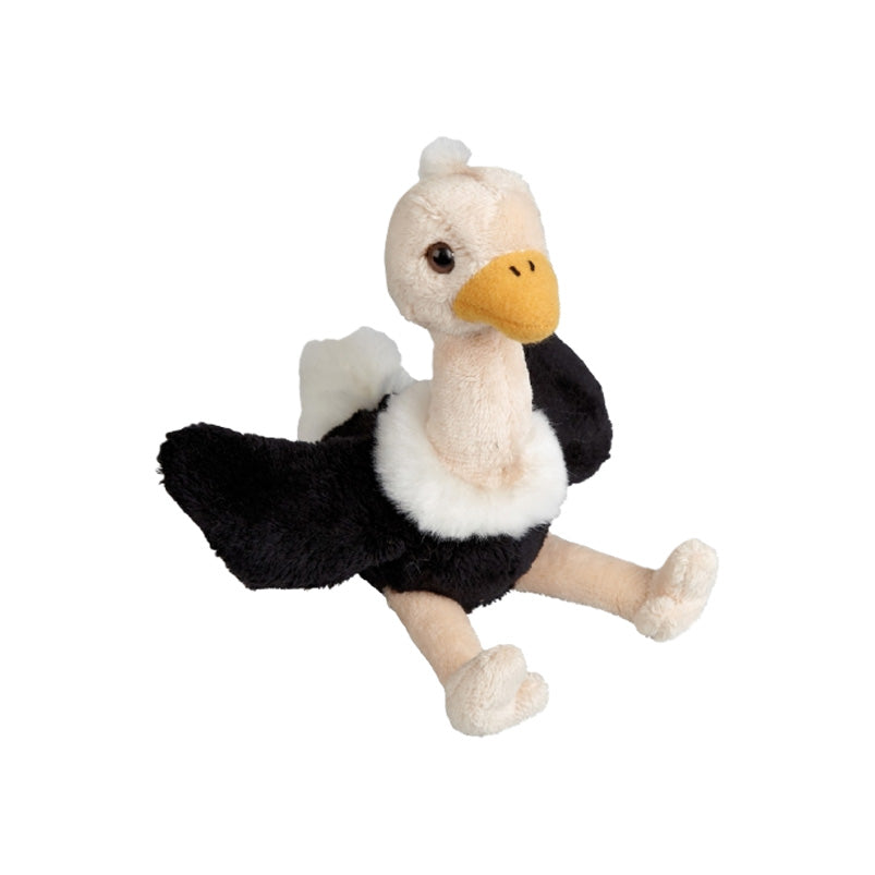 plush toy ostrich with black and white body on a white background