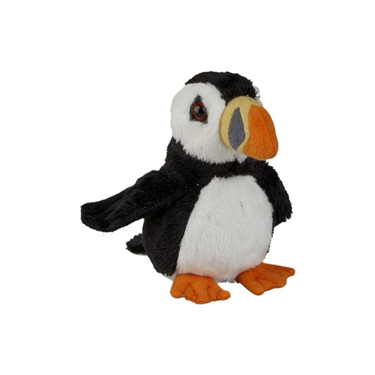 puffin small soft toy 15cm with black and white plush and orange feet on a white background