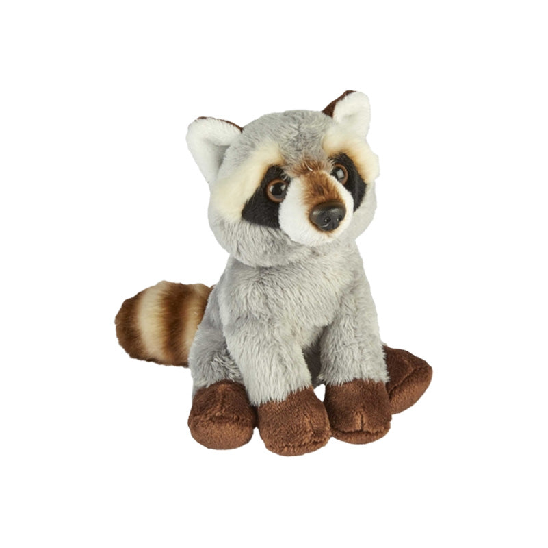 raccoon small soft toy 15cm with grey black and white plush with brown paws on a white background