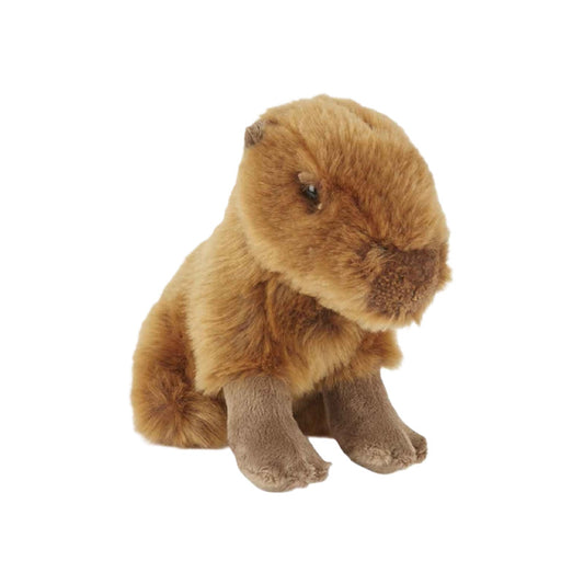 A small brown capybara plush toy with darker brown paws and face, photographed against a plain white background.