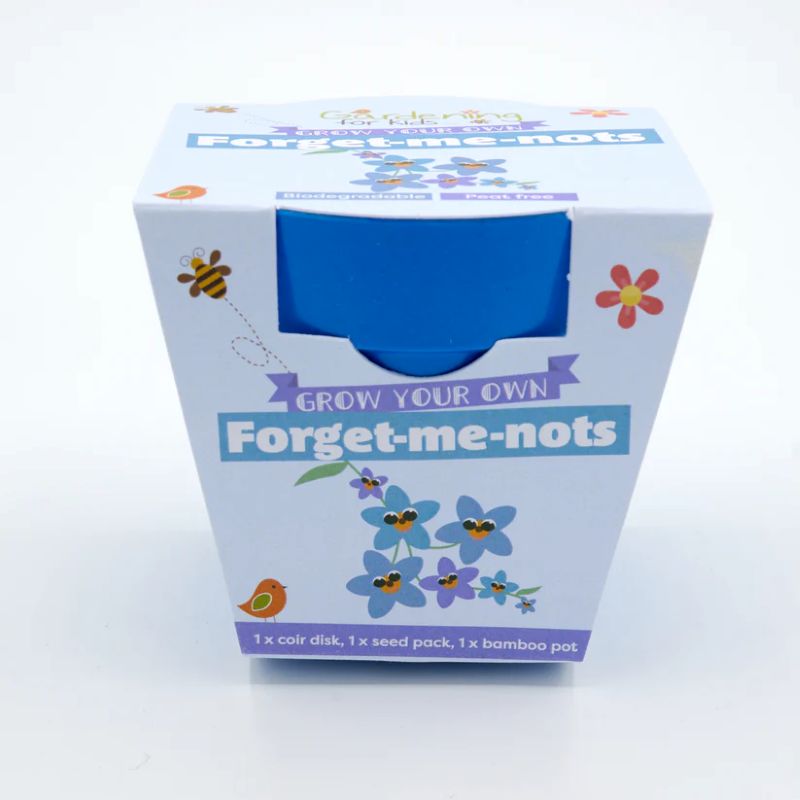 Box for growing your own forget-me-nots with blue and white design