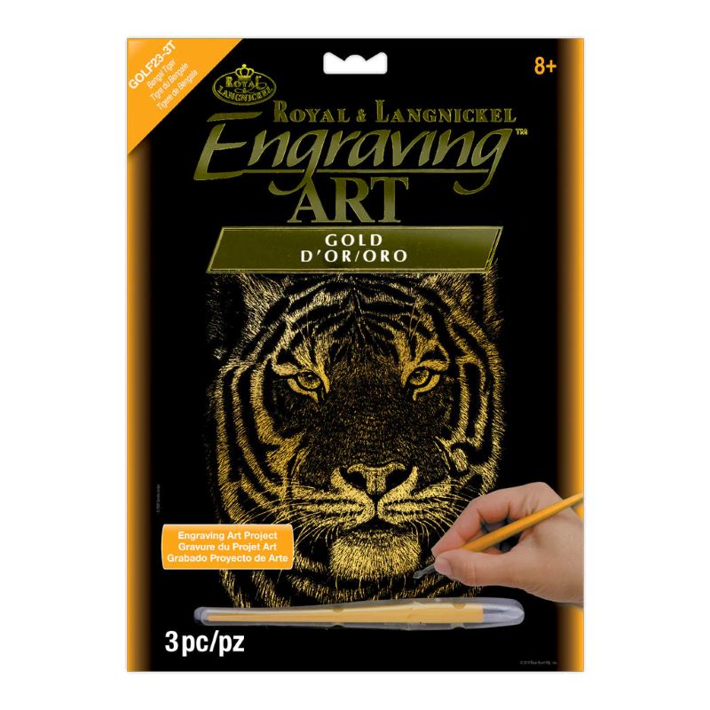 Royal & Langnickel Engraving Art Gold set packaging with a tiger design and hand holding a pencil.