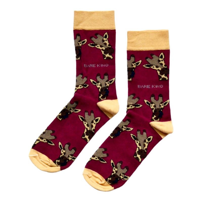 Maroon socks with giraffe pattern and 'Bare Kind' branding on a white background